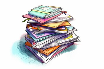 Cartoon Style Stack of Papers on White Background. AI generated