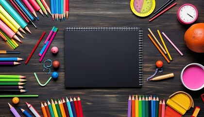 School supplies on a wooden background. Back to school. View from above.