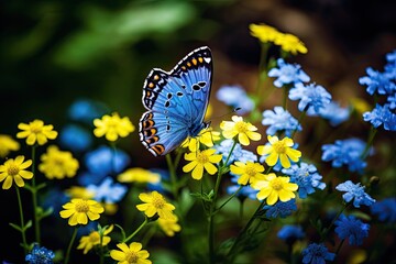 Butterfly on flower. Blue butterfly on flower. Blue butterfly on flower. Beautiful butterfly sitting on a blue flower, AI Generated