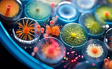 Colorful variety of microorganism inside petri dish plate in laboratory. Generative AI. - obrazy, fototapety, plakaty