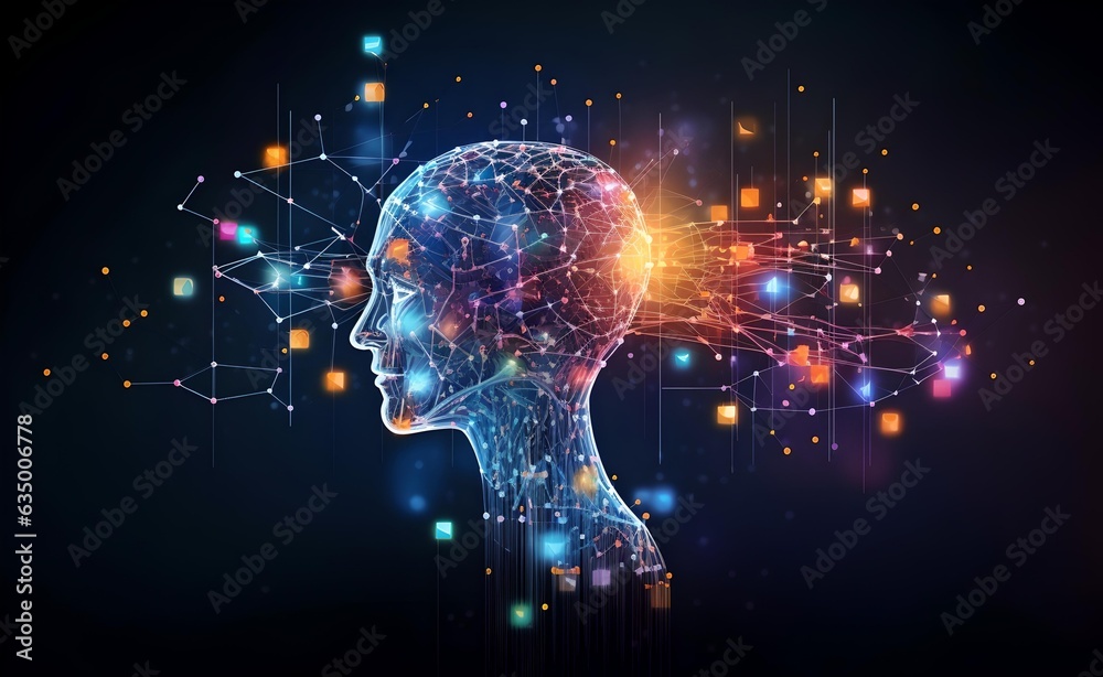 Poster machine learning reaction and ai artificial intelligence. big data and block chain system. chat bot 