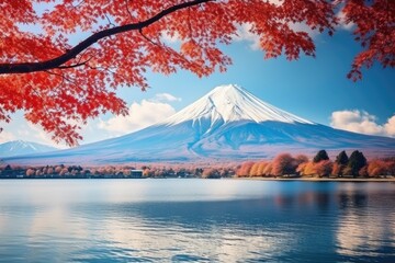 Mt Fuji with maple leaf background at Kawaguchiko lake in Japan. Beautiful Fuji mountain and lake landscape view with colorful tree leaves, AI Generated