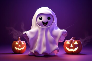 Happy Halloween, Cute little kid in ghost costume on isolated background. Generative AI