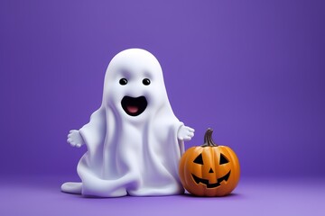 Happy Halloween, Cute little kid in ghost costume on isolated background. Generative AI