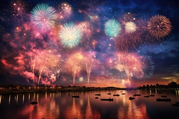 Colorful fireworks on the background of the night sky and the river, Beautiful fireworks display for celebration night, AI Generated