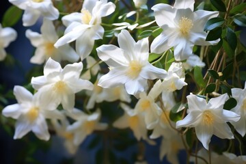 Naklejka na ściany i meble White flowers of jasmine on a dark background, closeup, beautiful jasmine white flowers, AI Generated