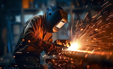 Welder is welding metal industry bokeh and sparkle background. Generative AI. - obrazy, fototapety, plakaty
