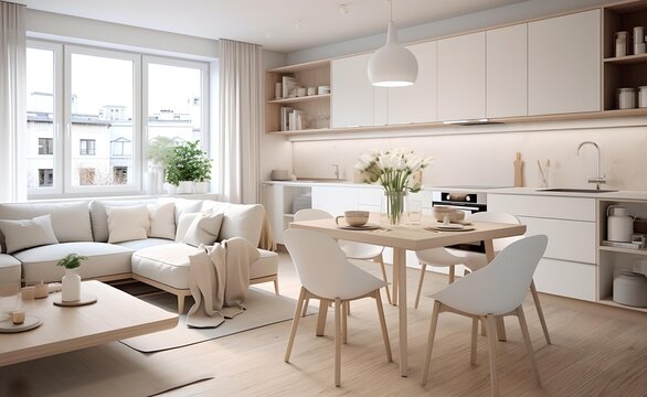 Warm pastel white and beige colors are used in the interior design of the spacious, cheerful studio apartment in the Scandinavian style. Generative AI.