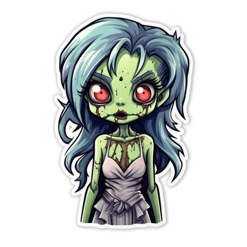 A sticker of a cartoon zombie girl. Digital image.