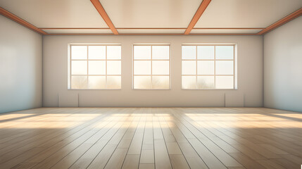 Obraz premium Empty Room There with windows, white walls, and a wooden floor, Mock up design for product presentation background or branding concept