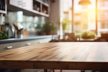 Blurred home background with a wooden desk space in the kitchen.
