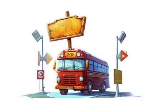 School Bus Cartoon Style on White Background. AI generated