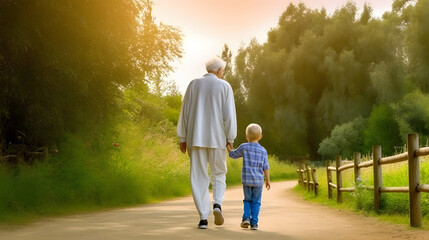 Grandfather walking with grandchild at sunset. Concept of grandfather day, grandparents day.