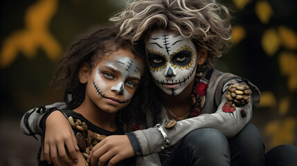 Boy and girl with Halloween's makeup. Ai generation.