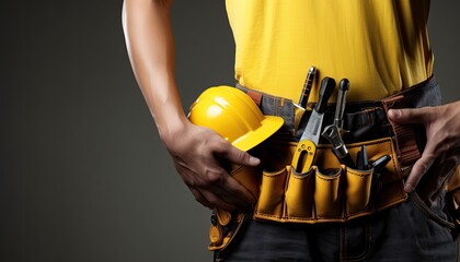 Close-up of construction worker with helmet and tool belt on dark background