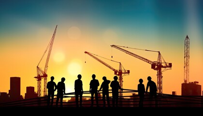 Silhouette of engineer working on construction site at sunset background.