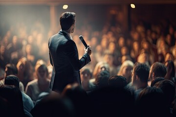 Speaker giving a talk at business conference. Audience in the conference hall. Business and Entrepreneurship concept.