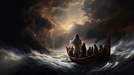Zelfklevend Fotobehang Jesus Christ on the boat calms the storm at sea. © May