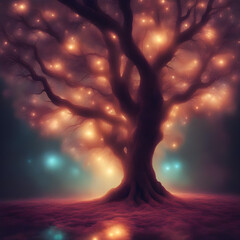 Glowing tree in the night, magical and mystical