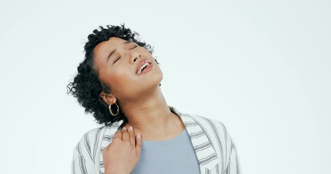 Neck, pain and woman in studio with stress, joint inflammation and arthritis risk on white background. Healthcare, injury and sick model massage muscle for pressure, tension and anxiety of fatigue