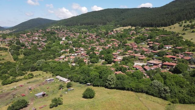 Aerial view of village of Zheravna with nineteenth century houses, Sliven Region, Bulgaria