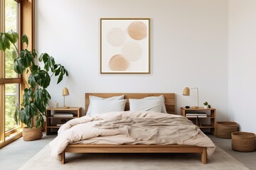 a wooden bed and poster frame in a bright bedroom with a neutral color scheme.