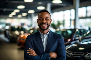 Portrait of confident young car dealer standing in showroom with arms crossed