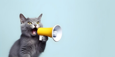 Cat announcing using hand speaker. Notifying, warning, announcement
