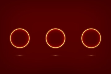 Three Glowing Rings on blood red studio background. Neon lighting banner template. Perfect for app, web design, webpages, banners, cards, backgrounds, template.
