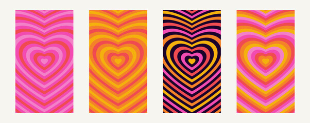 Vector set of hypnotic heart shape tunnels. Groovy style concentric hearts. Bright vintage love wallpapers. Mobile screen size vertical psychedelic 70s banners. Cute retro abstract y2k backgrounds