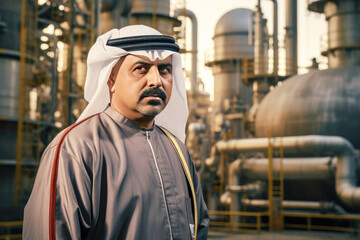 Sheikh's traditional attire beside Middle East oil plant