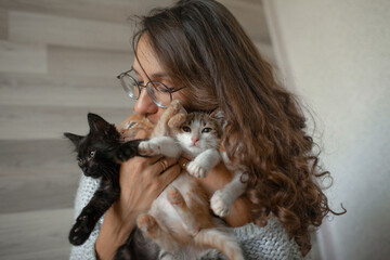 The young girl have fun with kittens in the bed