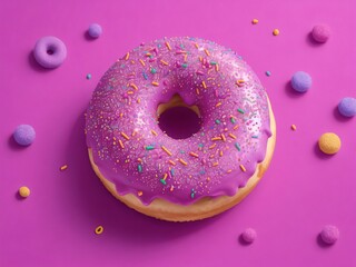 Sweet purple donut with multicolored sprinkles on a purple background