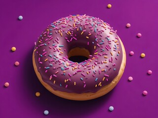 Sweet purple donut with multicolored sprinkles on a dark purple background