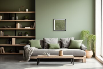 Actual image of a gray living room with a green pillow, wooden table, minimalist wall art, and book filled shelves in a well lit space.