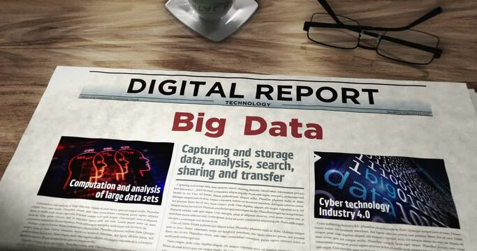 Big data machine learning and digital analysis technology daily newspaper on table. Headlines news abstract concept 3d.