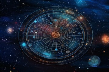 Cosmic background with astrological wheel. Generative AI - obrazy, fototapety, plakaty