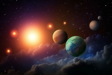 Planets with colorful star in sky amid clouds and stars. Generative AI