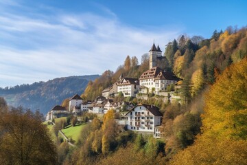 A beautiful Swiss town, Romont, perched on a rocky peak, showcasing its rich history. Generative AI