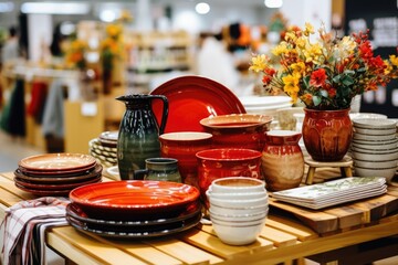 Assortment of home accessories and beautiful dinnerware on table in store of shopping center.