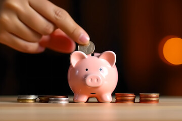Close up of hand putting coin into piggy bank for saving money wealth, Concept investment for financial freedom plan, business deposit to hope success