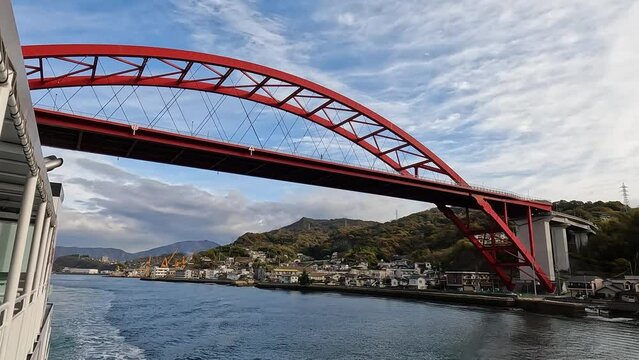 View from a ferry passing under the famous ondo bridge in Kure, Japan