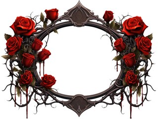 A gothic frame with red roses and leaves. Digital image. Frame with copy space.