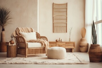 Obraz premium background of a beige room with wooden furniture, in a Scandinavian Boho style.