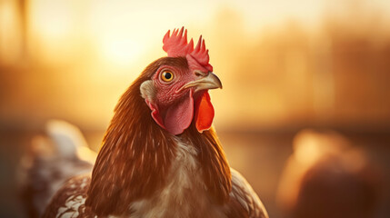 chicken with sunrise in the moring.  Rhode Island Red chicken. 