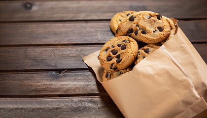 Chocolate chip cookies on a paper bag over a wooden table with copy space.