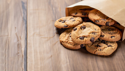 Chocolate chip cookies on a paper bag over a wooden table with copy space.