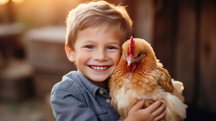 little child with chicken,  Rhode Island Red chicken. 