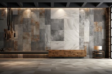 Abstract decoration interior for home using natural stone like Carrara marble, granite, and ceramic tiles with a ruled background.