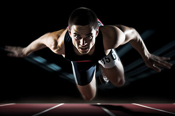 Professional male athlete at the starting blocks ready for a spring start on a dark background. Front view close up of a fit handsome young muscular male runner ready to race